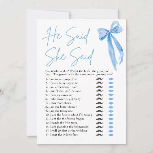 Blauwe strik Hij zei, zij zei Bruids douche spel Kaart (Voorkant)