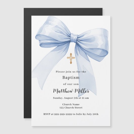 Blauwe strik jongen Doop Magnetische Uitnodiging (Voorkant / Achterkant)