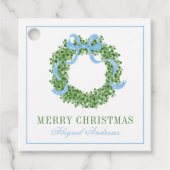 Blauwe strik Kerst Boxwood Krans Bedankjes Labels (Voorkant)