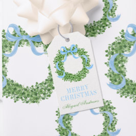 Blauwe strik Kerst Boxwood Krans Cadeaulabel