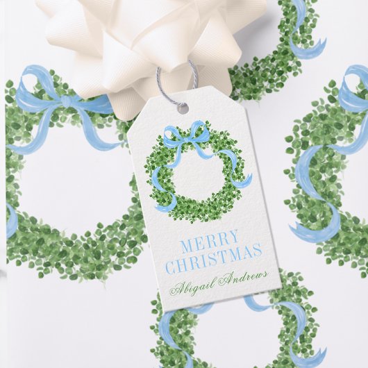 Blauwe strik Kerst Boxwood Krans Cadeaulabel