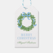 Blauwe strik Kerst Boxwood Krans Cadeaulabel (Voorkant)