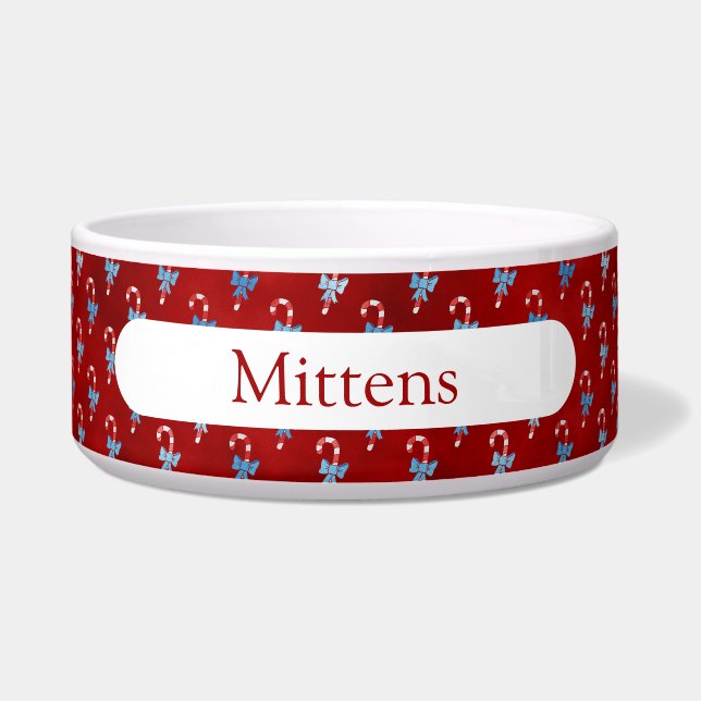 Blauwe strik Kerststok Rode Kerst Vakantie Voerbakje (Voorkant)