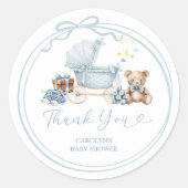 Blauwe strik koets baby shower bedank sticker (Voorkant)