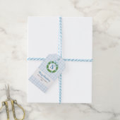 Blauwe Strik Krans Gingham Kerstmis Cadeaulabel (Met Touw)