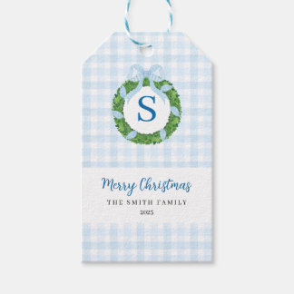 Blauwe Strik Krans Gingham Kerstmis Cadeaulabel