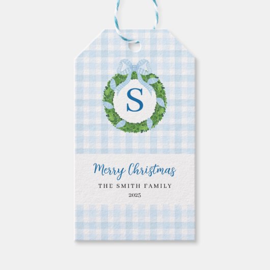 Blauwe Strik Krans Gingham Kerstmis Cadeaulabel (Voorkant)