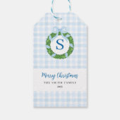 Blauwe Strik Krans Gingham Kerstmis Cadeaulabel (Achterkant)