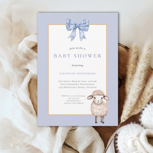 Blauwe strik lammetje babyshower kaart