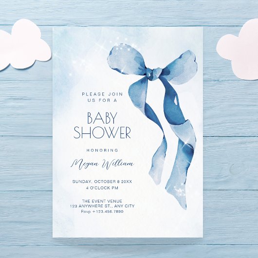 Blauwe strik lint baby shower kaart
