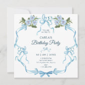 Blauwe strik lint bloemenverjaardag kaart (Voorkant)