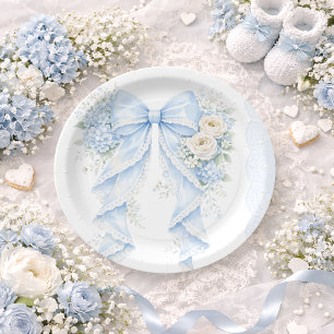 Blauwe Strik Lint Bloemrijke Kant Baby Shower Papieren Bordje