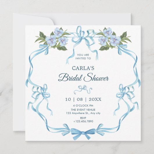 Blauwe strik lint floral vrijgezellenfeest kaart (Voorkant)