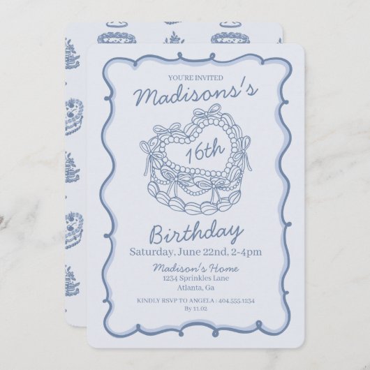 Blauwe strik Sweet 16 Hart Coquette Taart Verjaard Kaart (Voorkant / Achterkant)