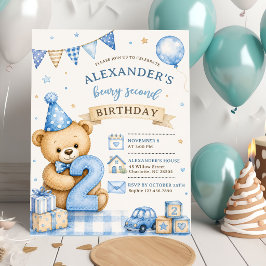 Blauwe Strik Teddy Beary Tweede Verjaardagsuitnodi Kaart