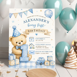 Blauwe Strik Teddybeer Tartan Verjaardagsuitnodigi Kaart