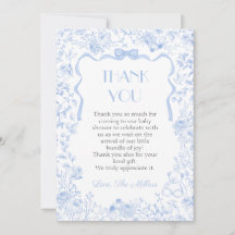 Blauwe Strik Toile De Jouy Baby Shower Dankkaart