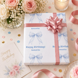 Blauwe strik verjaardag witte meisje cadeaupapier