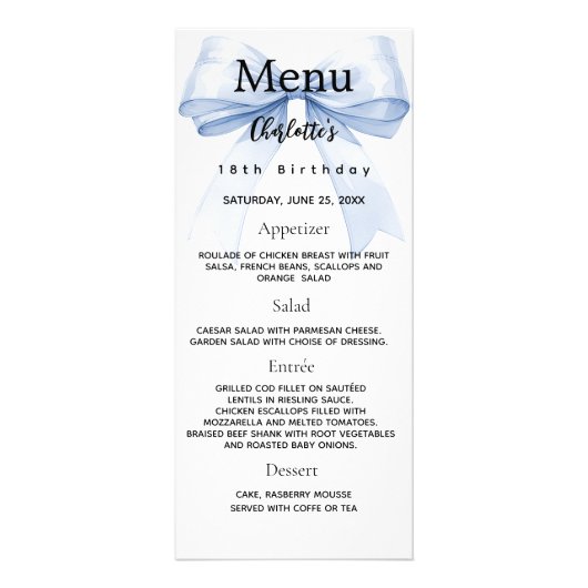 Blauwe strik verjaardagsmenu kaart (Voorkant)