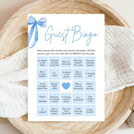 Blauwe Strik Vind de Gast Bingo Bruiloftspel Kaart