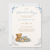 Blauwe strik waterverf teddybeer babyshower kaart (Voorkant)