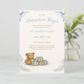 Blauwe strik waterverf teddybeer babyshower kaart (Staand voorkant)