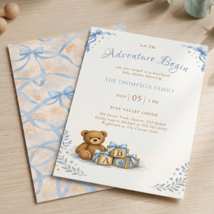 Blauwe strik waterverf teddybeer babyshower kaart