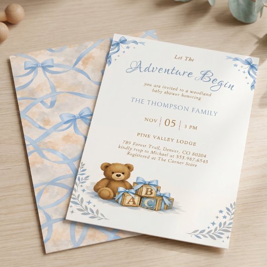 Blauwe strik waterverf teddybeer babyshower kaart