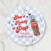 Blauwe Strik Ze staat op springen Baby Shower Bedankjes Labels (Voorkant)