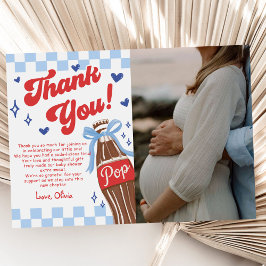 Blauwe strik Ze staat op springen Baby Shower Foto Bedankkaart