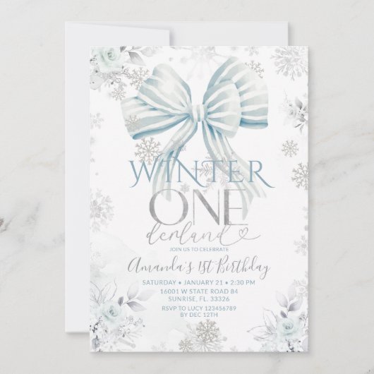 Blauwe Strik Zilver Sneeuw Winter Onederland Verja Kaart (Voorkant)