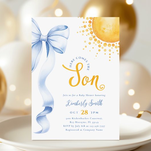 Blauwe Strik Zon Baby Shower Uitnodiging