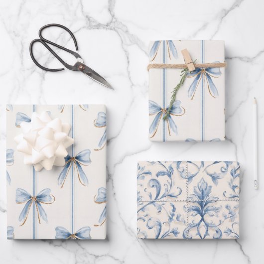 Blauwe Strikken Crème Bruidsdouche Inpakpapier Vel (Voorkant)