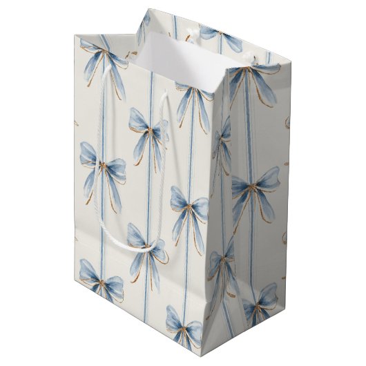 Blauwe Strikken Crème Bruidsdouche Medium Cadeauzakje (Voorkant Gekanteld)