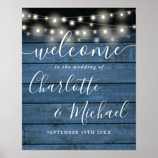 Blauwe String Lights Rustieke Bruiloft Welkomstbor Poster (Voorkant)