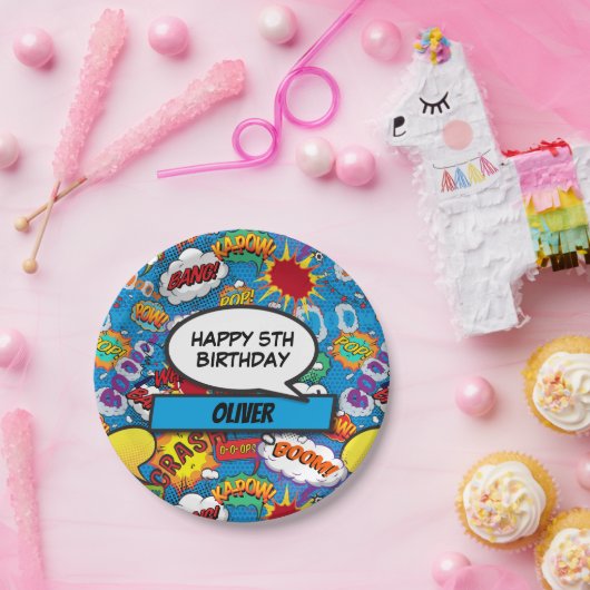 Blauwe stripboeksuperheld Birthday Party Papieren Bordje (Feest)