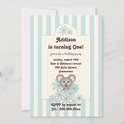 Blauwe Stripe Baby Koala Kinderen Verjaardaguitnod Kaart (Voorkant)
