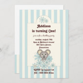 Blauwe Stripe Baby Koala Kinderen Verjaardaguitnod Kaart (Voorkant / Achterkant)