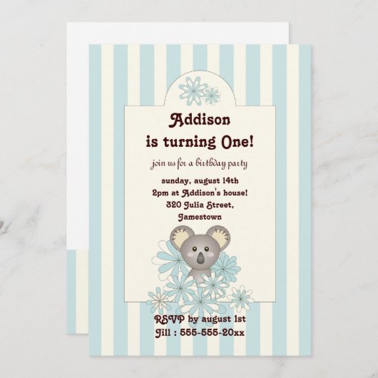 Blauwe Stripe Baby Koala Kinderen Verjaardaguitnod Kaart (Voorkant / Achterkant)