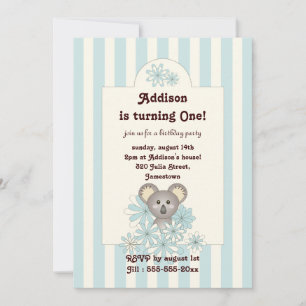 Blauwe Stripe Baby Koala Kinderen Verjaardaguitnod Kaart