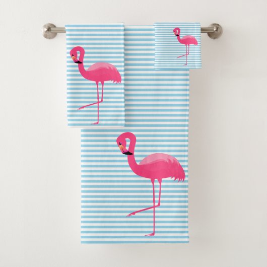 BLAUWE STRIPE FLAMINGO BATHROOM TOWEL SET BAD HANDDOEK (Insitu)