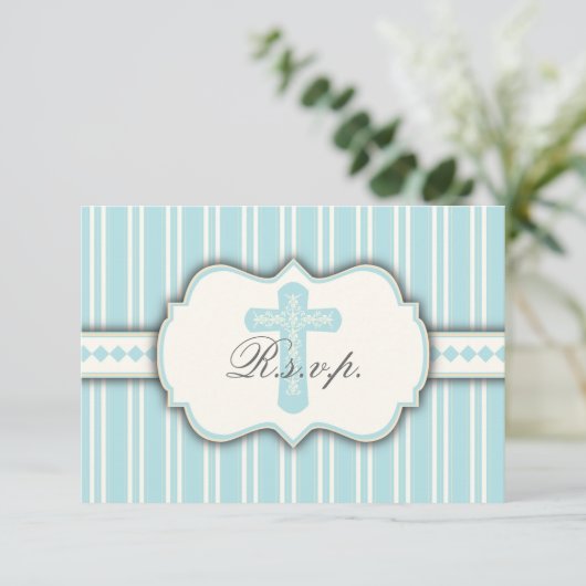blauwe Stripe Religieuze RSVP-reactiekaart RSVP Kaartje (Staand voorkant)