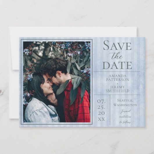 Blauwe  Striped Foto slaat de datum op Save The Date (Voorkant)