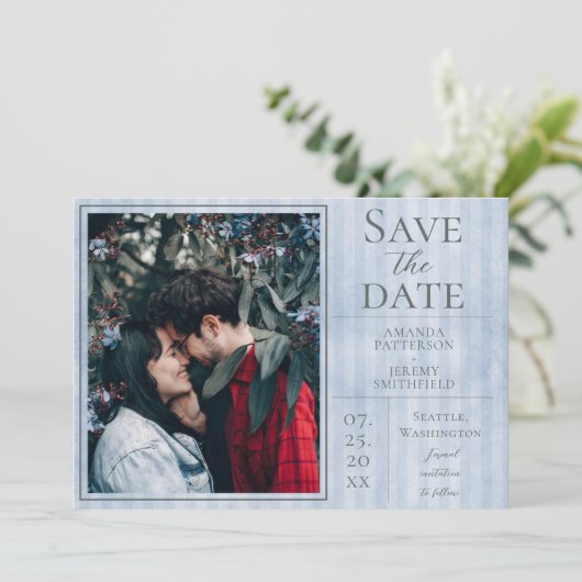 Blauwe  Striped Foto slaat de datum op Save The Date (Staand voorkant)