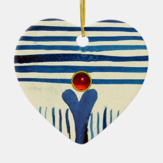 BLAUWE STRIPES EN RODE RUBY HEART KERAMISCH ORNAMENT (Voorkant)