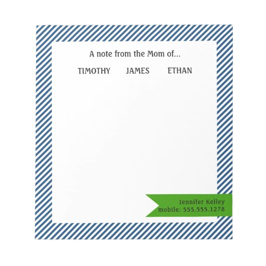 Blauwe Stripes, groene notitie van de moeder van.. Notitieblok (Voorkant)