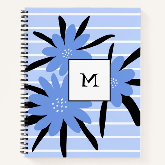 Blauwe Stripes Modern Monogram Initiaal Flowers Notitieboek (Voorkant)