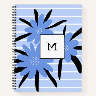 Blauwe Stripes Modern Monogram Initialen Bloemen Notitieboek