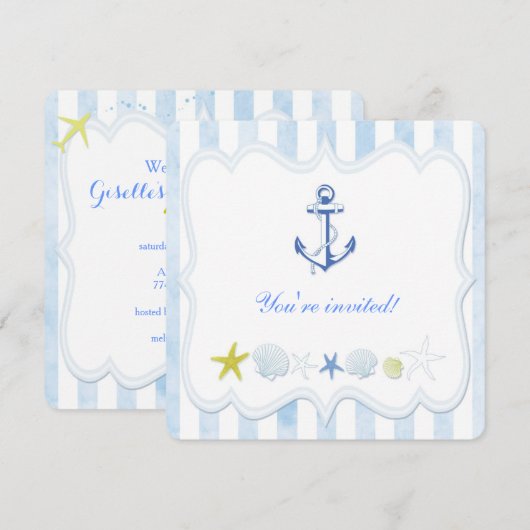 Blauwe Stripes Nautical Birthday Party Kaart (Voorkant / Achterkant)