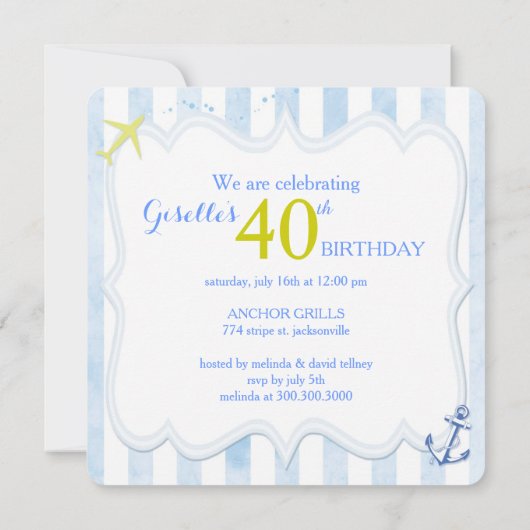 Blauwe Stripes Nautical Birthday Party Kaart (Achterkant)
